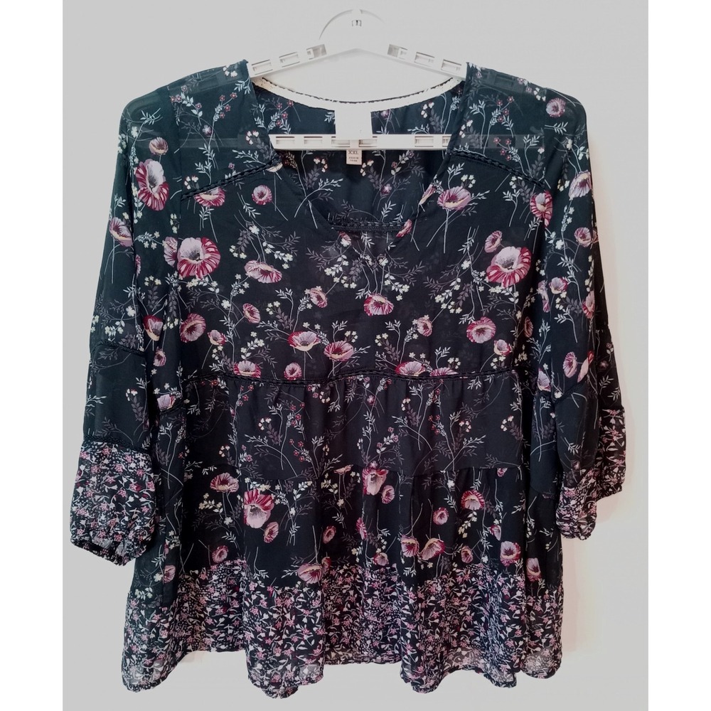 Knox Rose Women's Boho Sheer Babydoll Tiered Lace Blouse Top, XXl, Black Floral